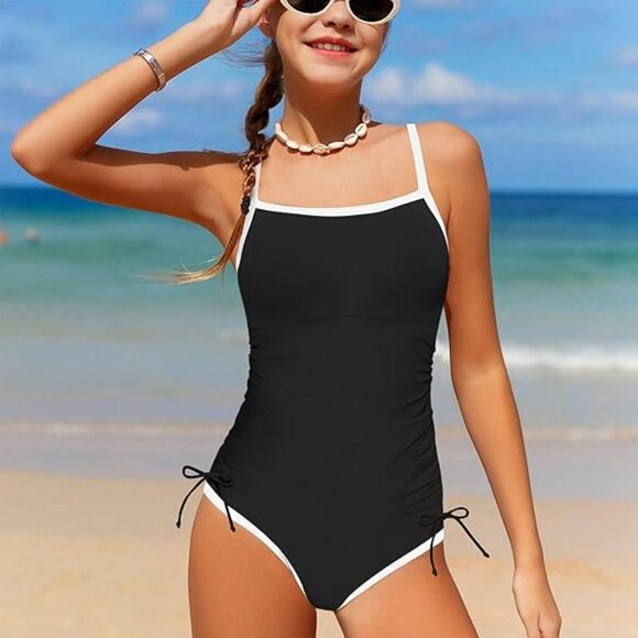 Girls Swimsuit One Piece Bathing Suit Color Block Black/White Size 11-12 years - Picture 5 of 7